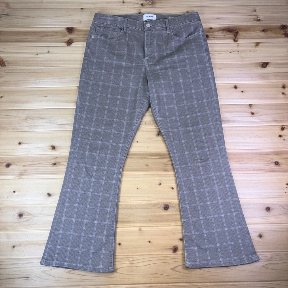 Frame Jeans Womens 31 Tan Le Crop Mini Bootcut Windowpane Plaid Denim Jeans